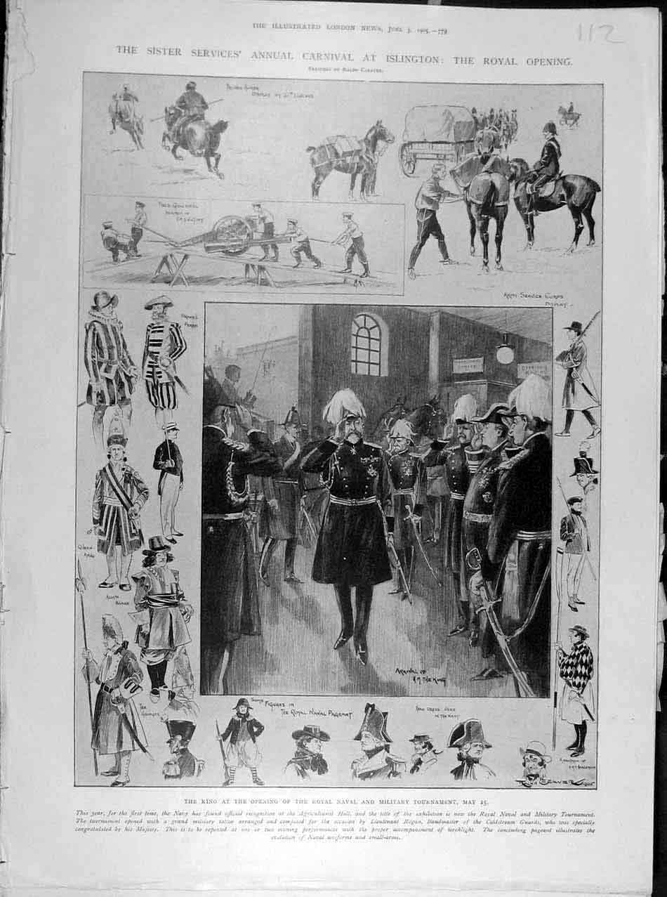 Original Old Antique Print 1905 Carnival Islington King Military Naval Cleaver