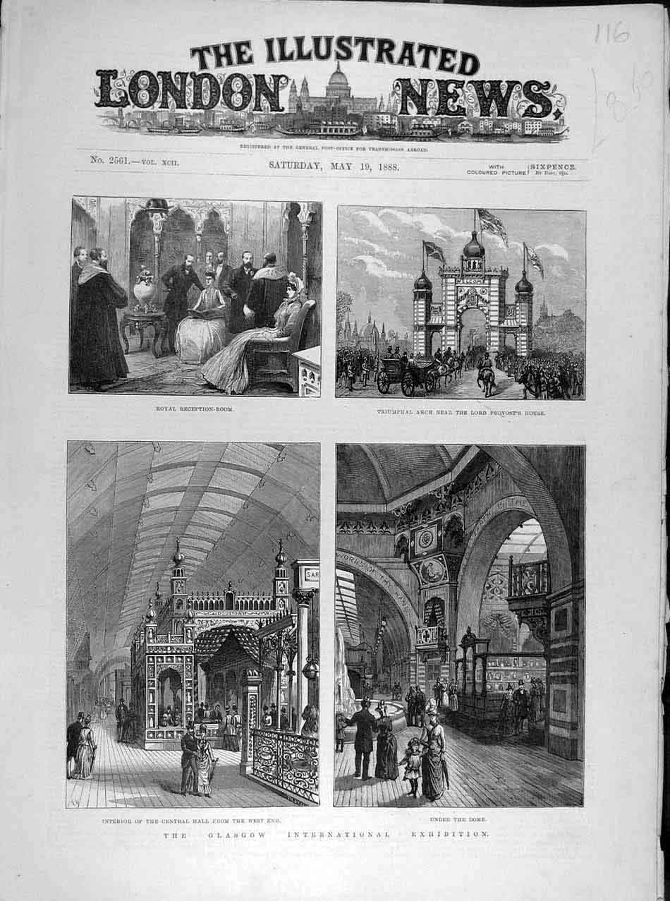 Original Old Antique Print 1888 Glasgow Exhibition Provost Central Hall Scotland