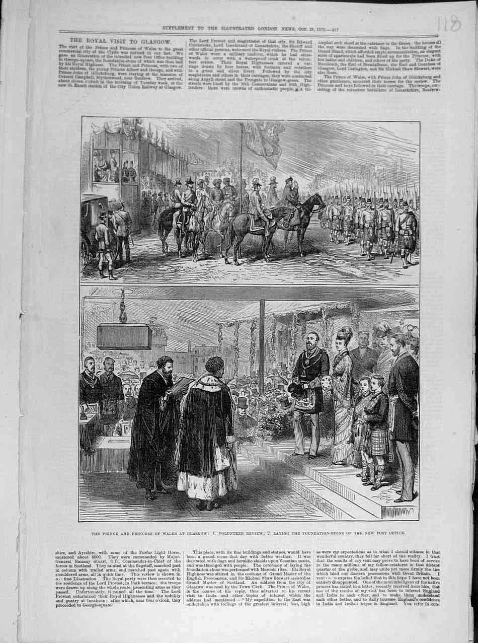 Old Antique Print 1876 Glasgow Prince Wales Volunteer Review Post-Office 19th