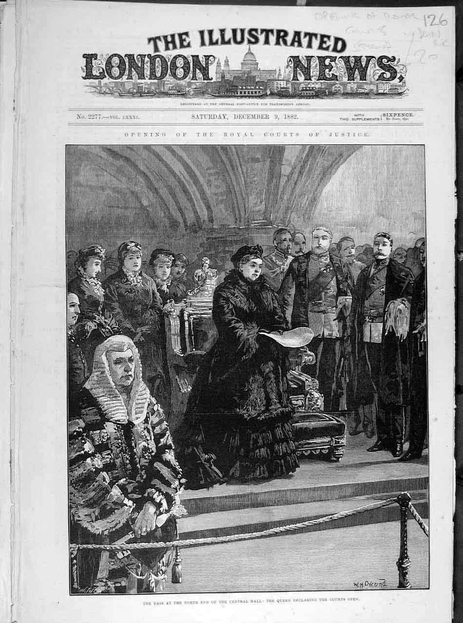 Original Old Antique Print 1882 Royal Court Justice Dais Queen Central Hall 19th
