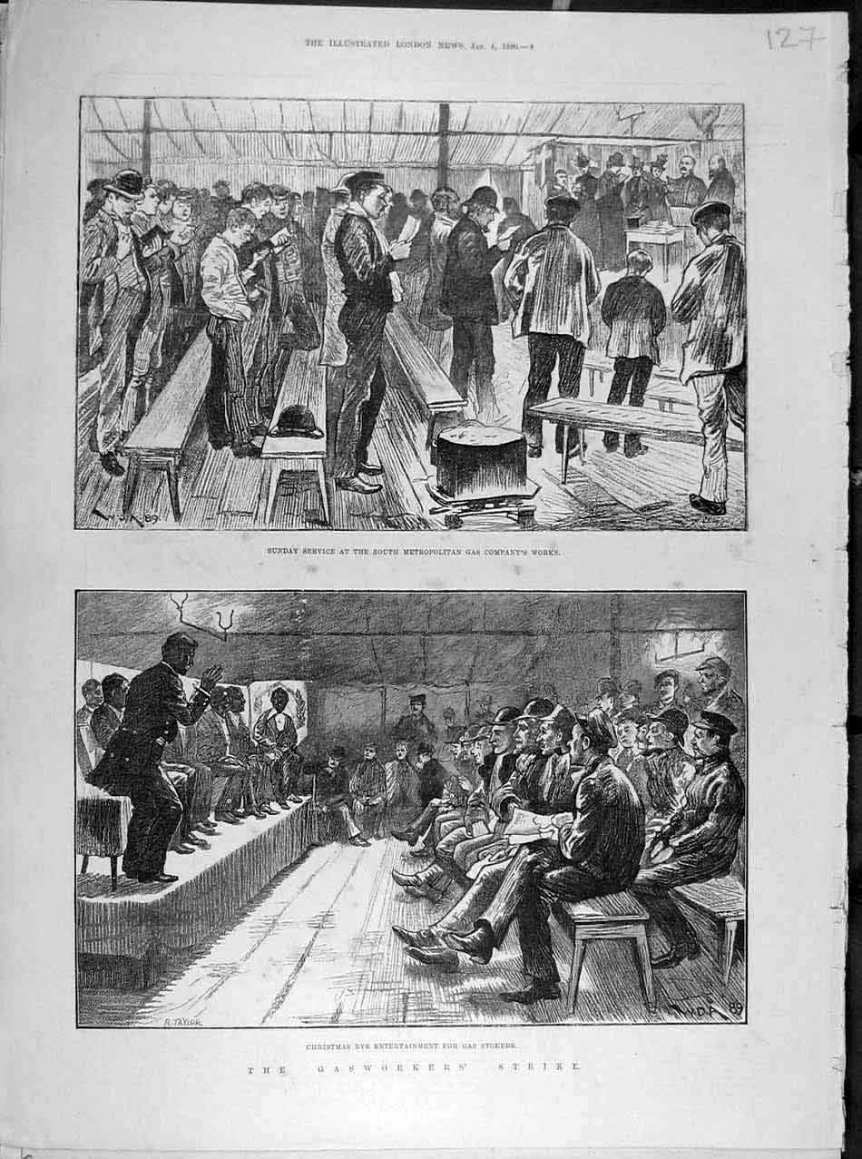 Original Old Antique Print 1890 Gas-Workers Strike Stokers Service Metropolitan