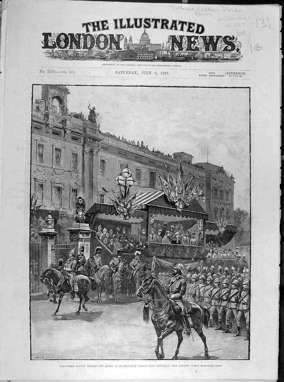Original Old Antique Print 1887 Volunteer Review Buckingham Palace Artists Corps