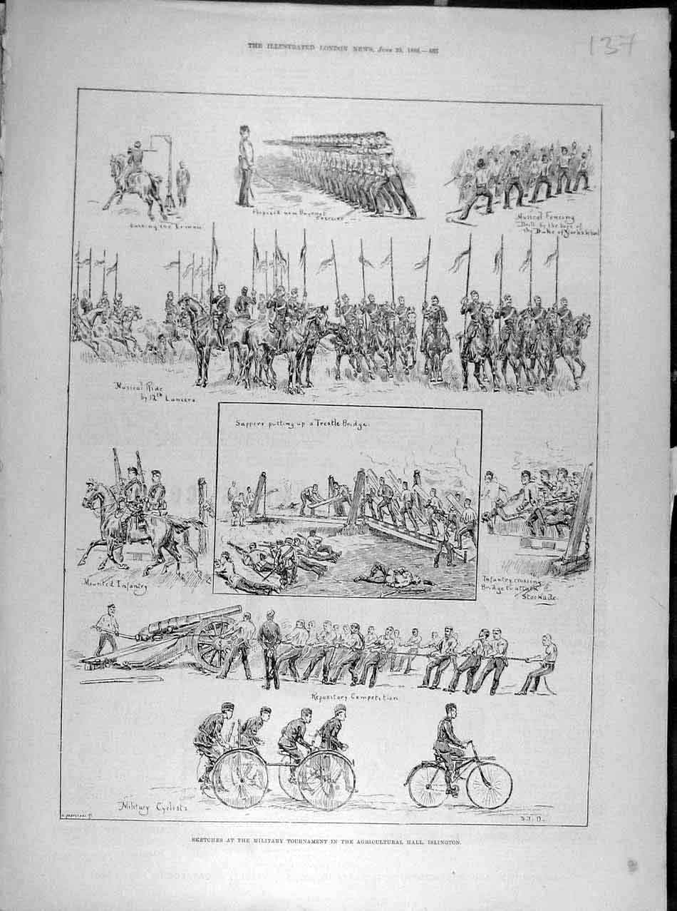 Old Antique Print 1888 Sketch Military Tournament Agricultural Islington 19th