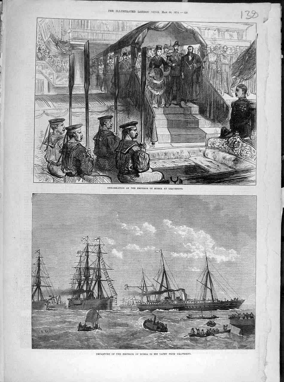 Original Old Antique Print 1874 Emperor Russia Gravesend Yacht Embarkation 19th