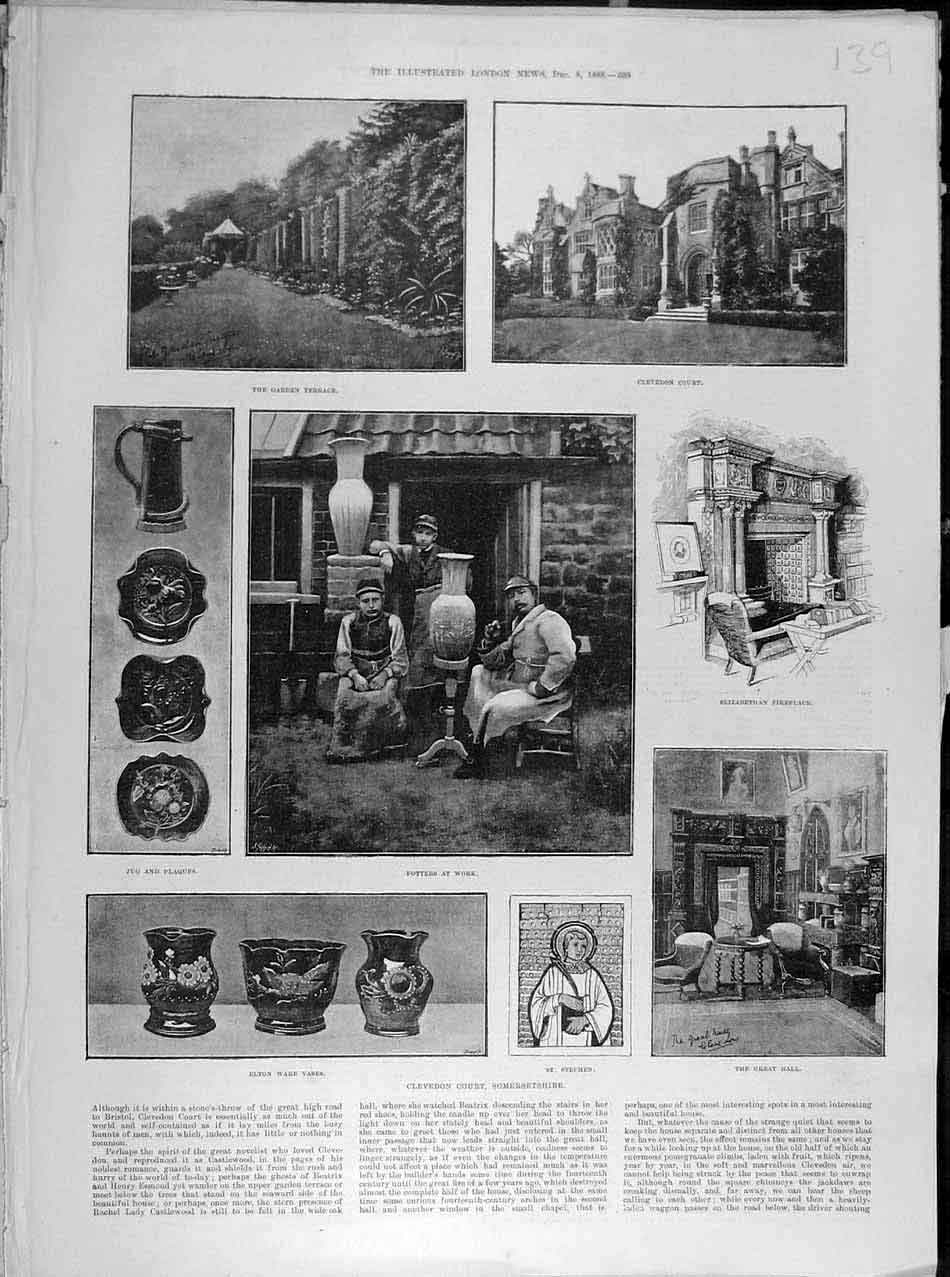 Original Old Antique Print 1888 Clevedon Court Somersetshire Vase Potters Hall