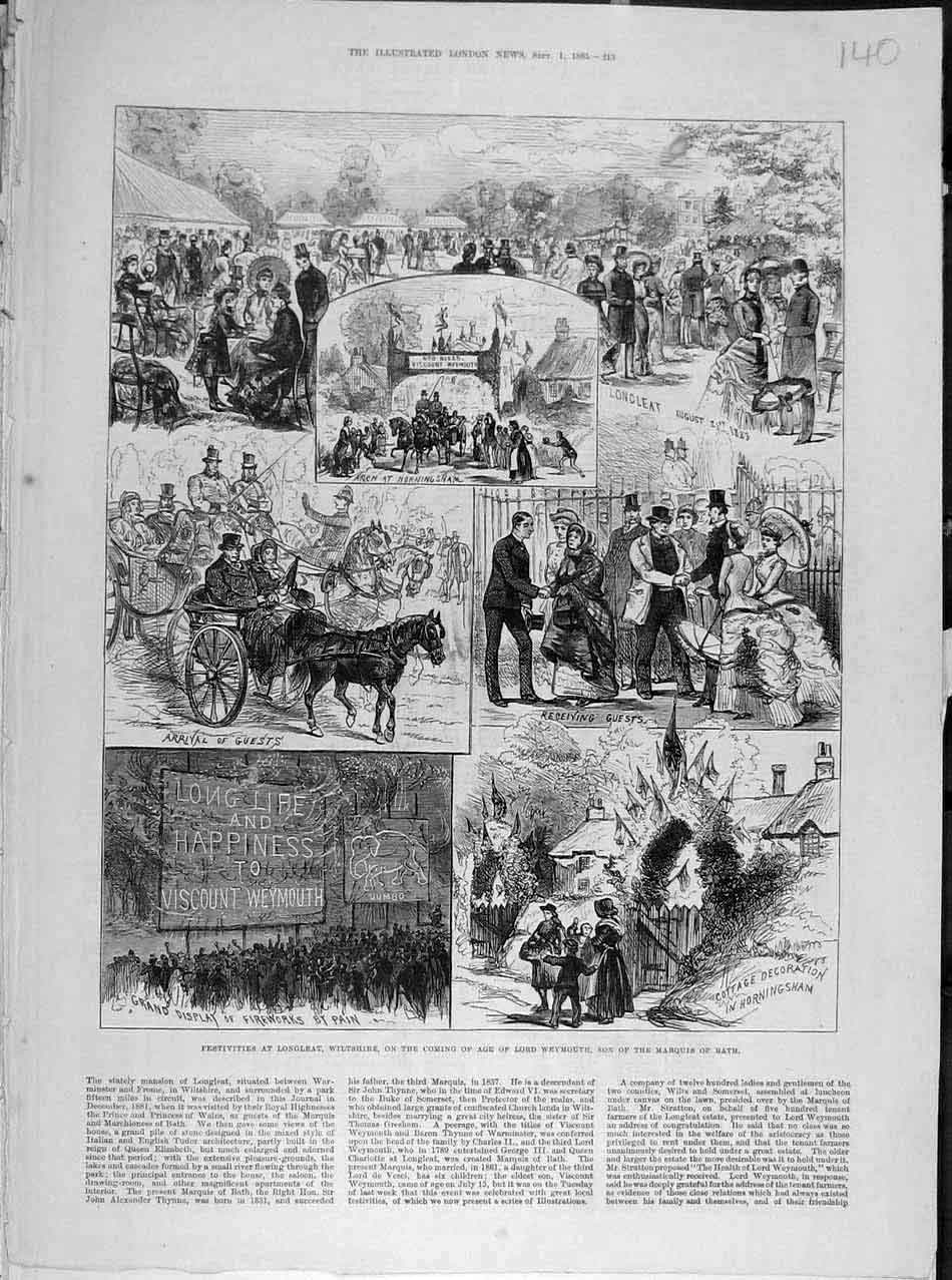 Original Old Antique Print 1883 Longleat Festivities Weymouth Marquis Bath 19th
