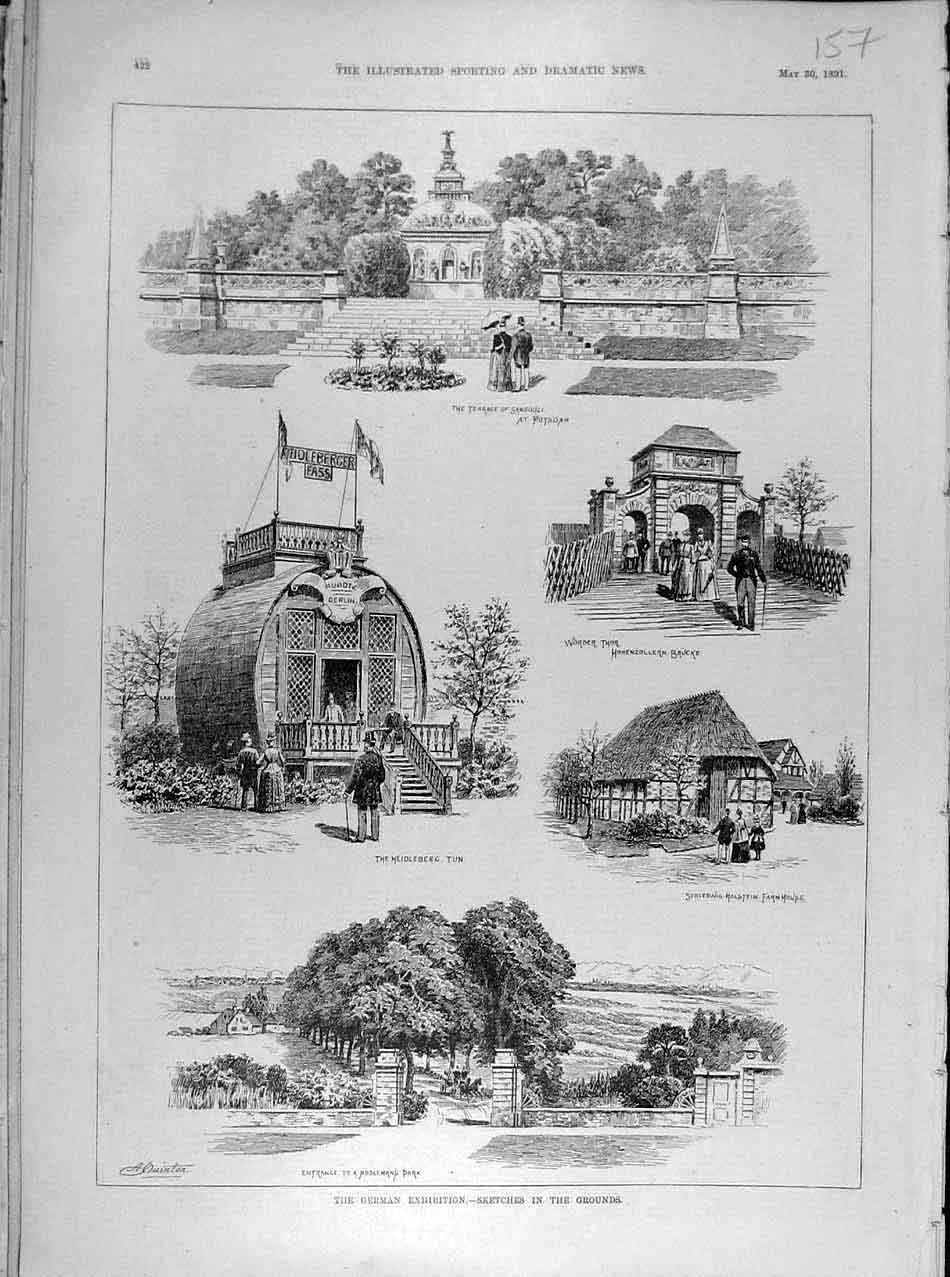 Original Old Antique Print 1891 German Exhibition Sketches Potsdam Holstein 19th