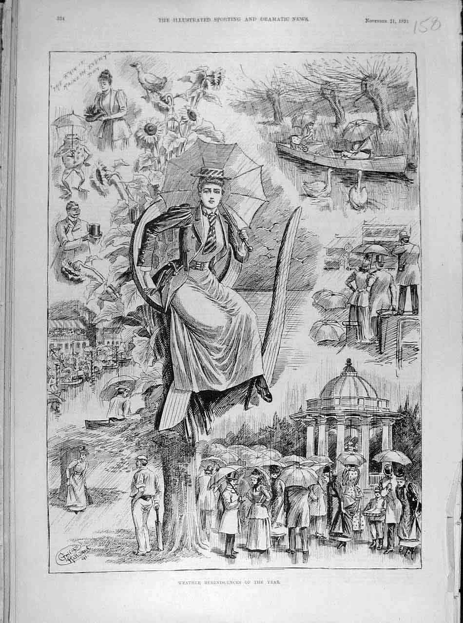 Original Old Antique Print 1891 Weather Reminiscences Sketches Rain Rainy 19th