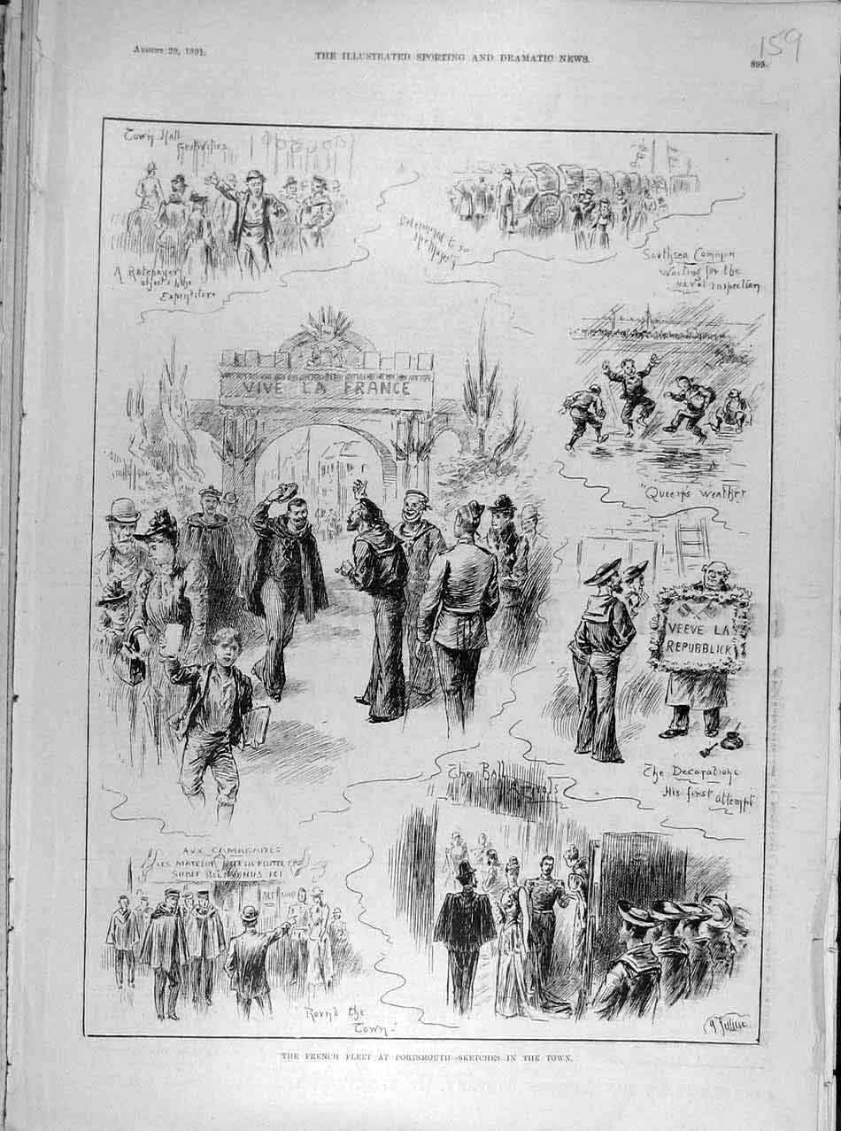 Original Old Antique Print 1891 French Fleet Portsmouth Sketches Town Victorian
