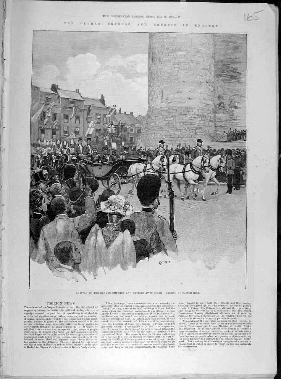 Original Old Antique Print 1891 German Emperor Empress Windsor Castle London
