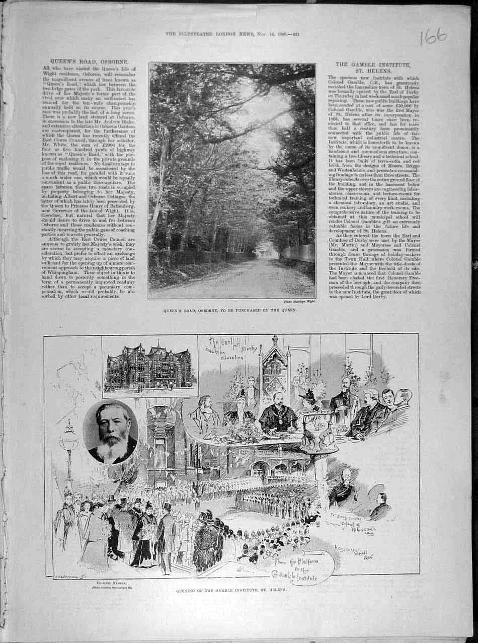 Original Old Antique Print 1896 Queen'S Road Osborne Gamble Institute St Helen'S