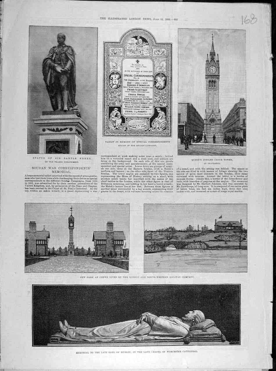 Original Old Antique Print 1888 Frere Statue Queen Clock-Tower Park Crewe Dudley