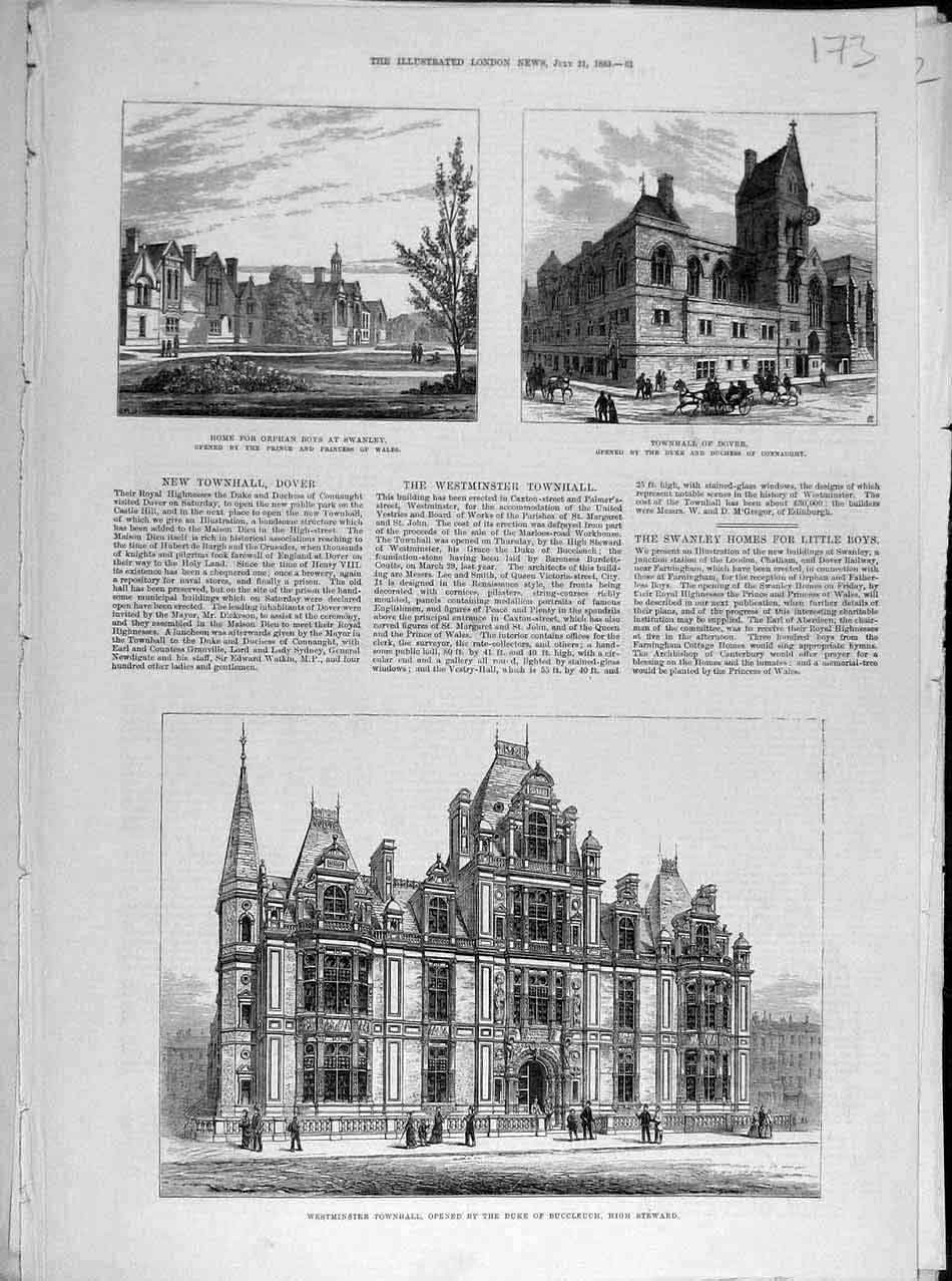 Original Old Antique Print 1883 Swanley Dover Westminster Townhall Buildings