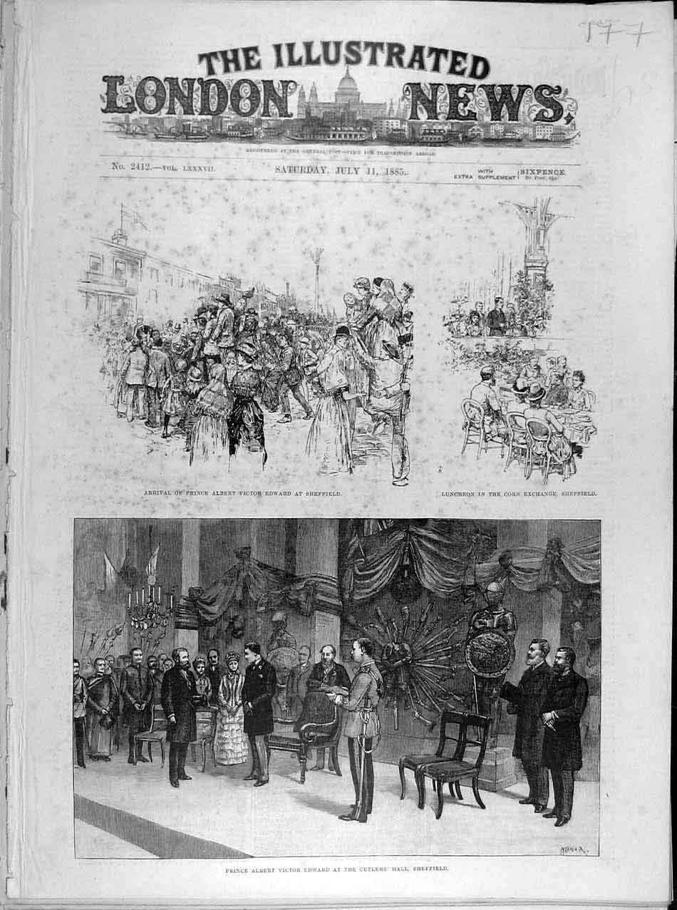 Old Antique Print 1885 Sheffield Prince Edward Cutler Hall Corn-Exchange 19th