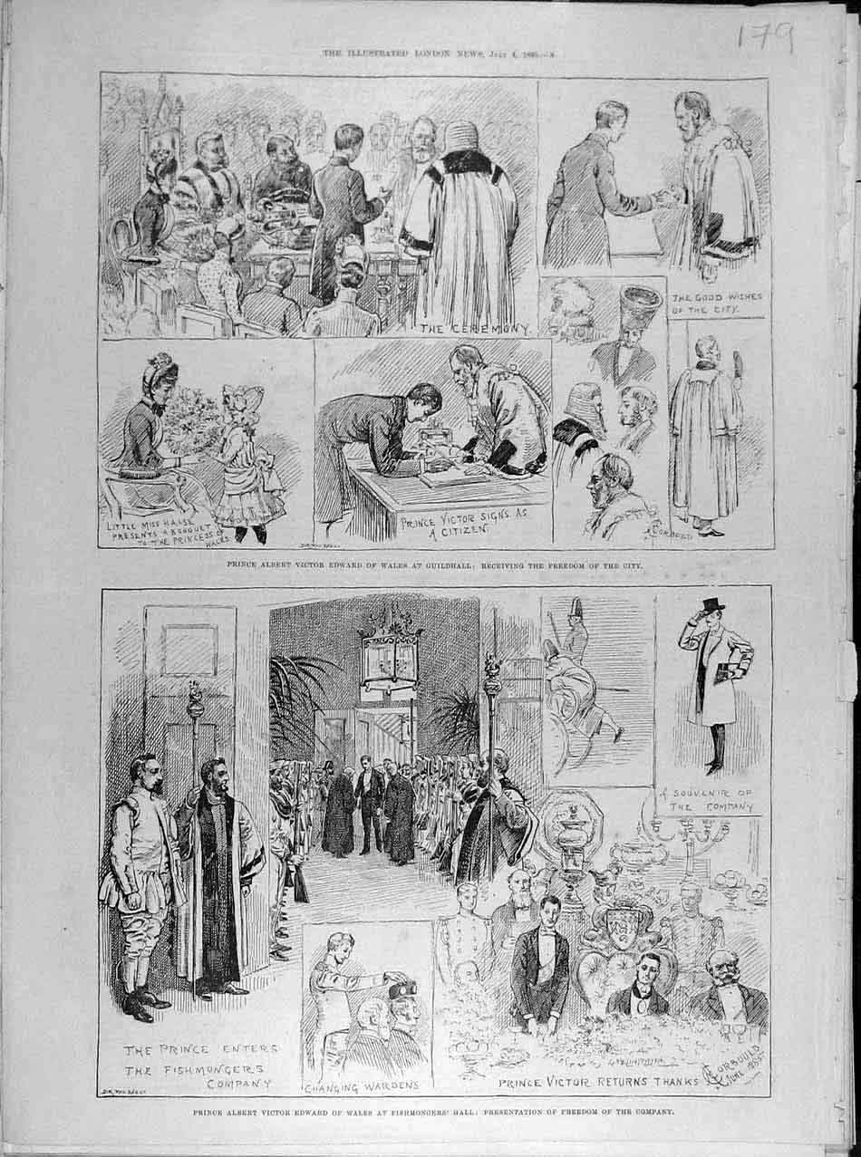 Original Old Antique Print 1885 Fishomnger'S Hall Prince Wales Guildhall Freedom