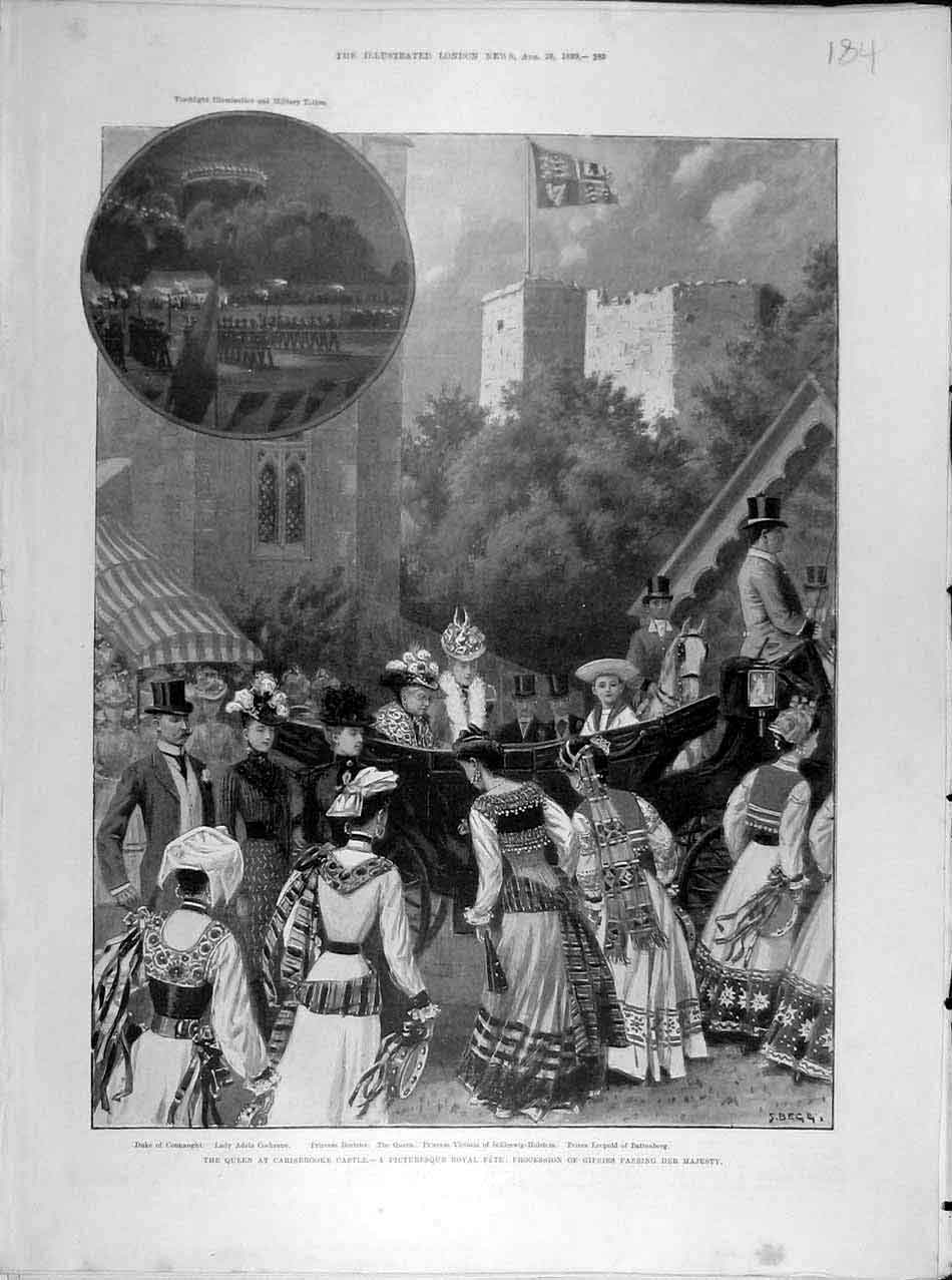 Original Old Antique Print 1899 Carisbrook Castle Queen Royal Fete Gipsies 19th