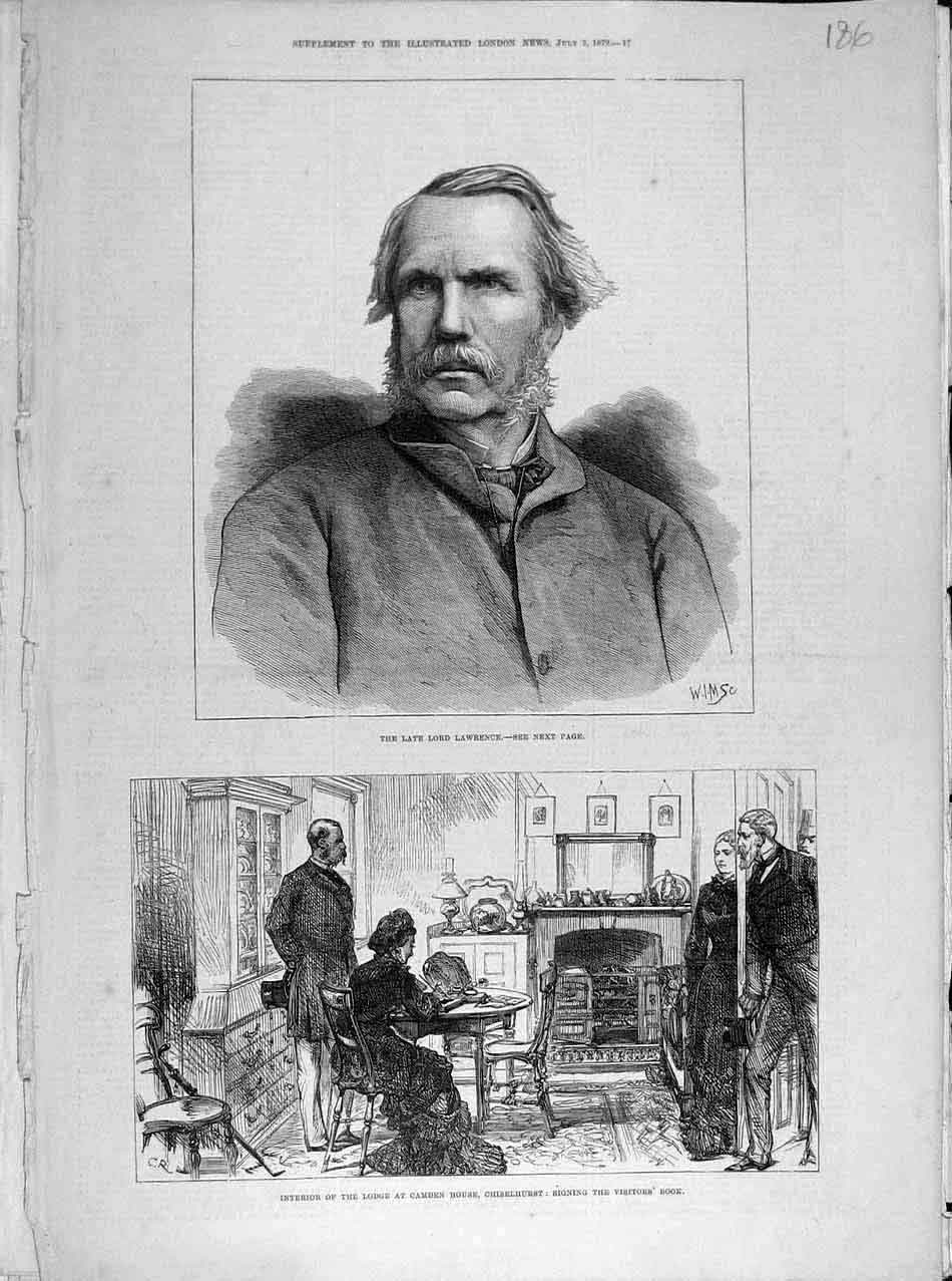 Old Antique Print 1879 Portrait Lawrence Lodge Camden House Visitor Book 19th