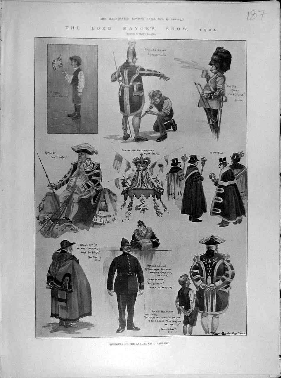 Original Old Antique Print 1902 Lord Mayor'S Show Humours Civil Pageant Sketches
