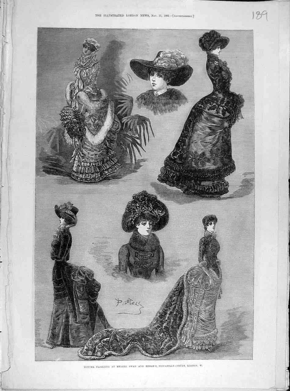 Original Old Antique Print 1882 Winter Fashion Ladies Swan Edgar London 19th