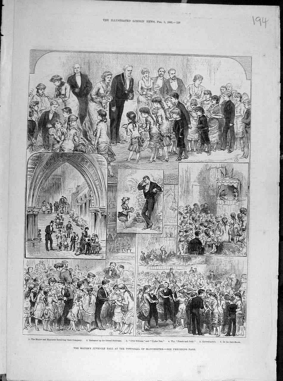 Original Old Antique Print *0005 1881 Mayor Juvenile Ball Townhall Manchester