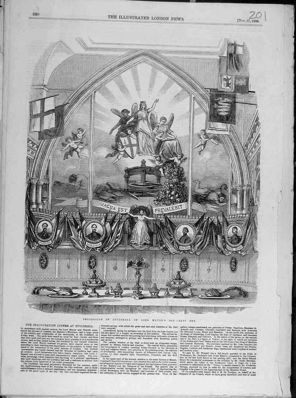 Original Old Antique Print 1855 Decoration Guildhall Lord-Mayor'S Day East-End