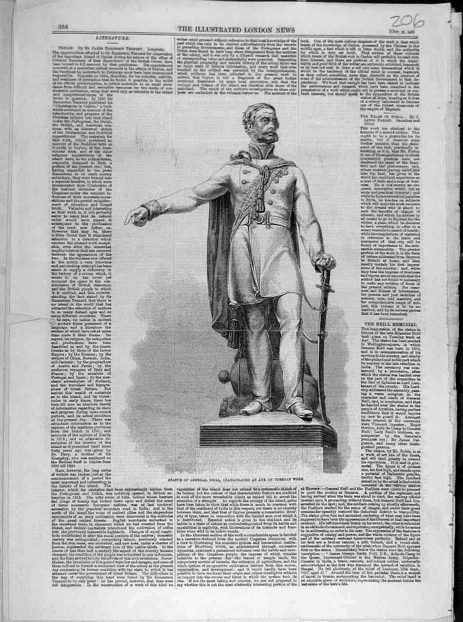 Original Old Antique Print 1859 Statue General Neill Ayr 19th Century