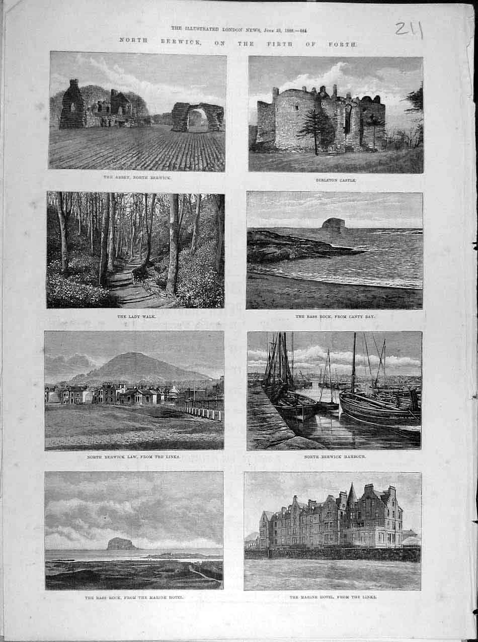 Old Antique Print 1888 Berwick Firth-Forth Abbey Castle Harbour Links Bay 19th
