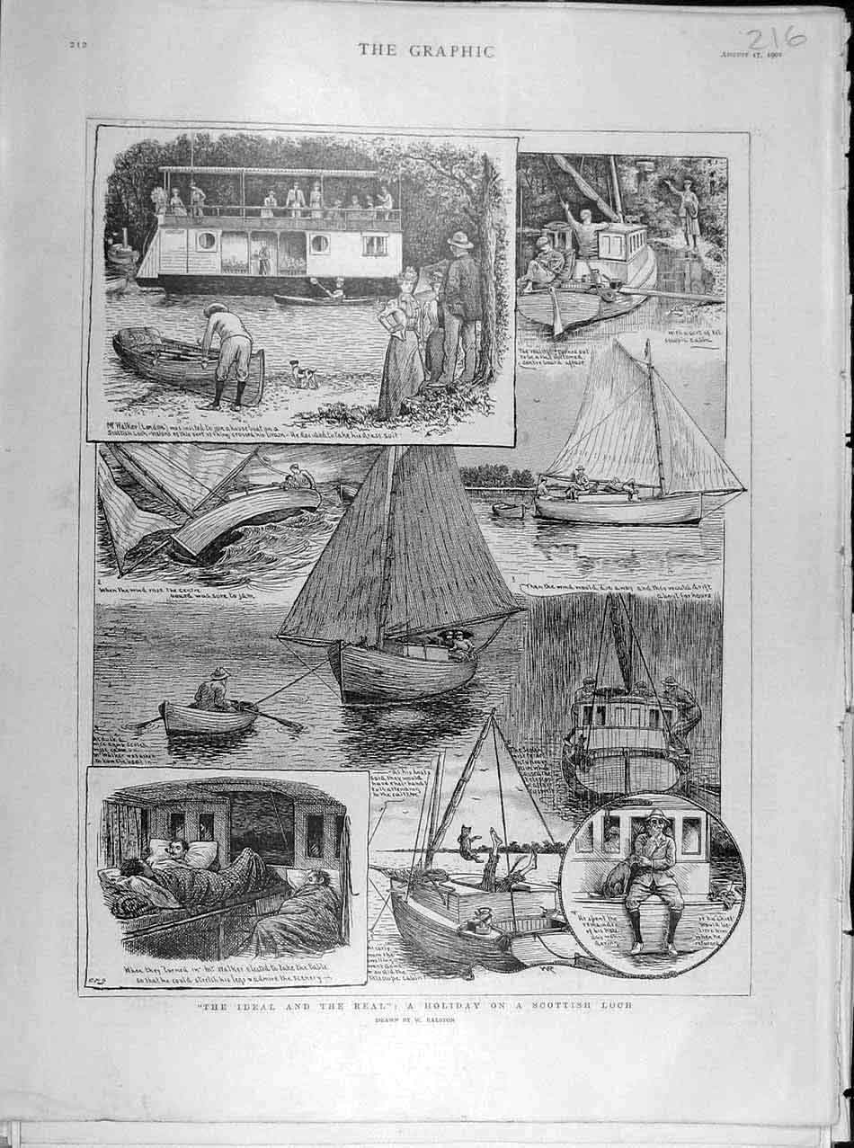 Original Old Antique Print 1901 Holiday Scottish Loch Sketches Ralston Boat 20th