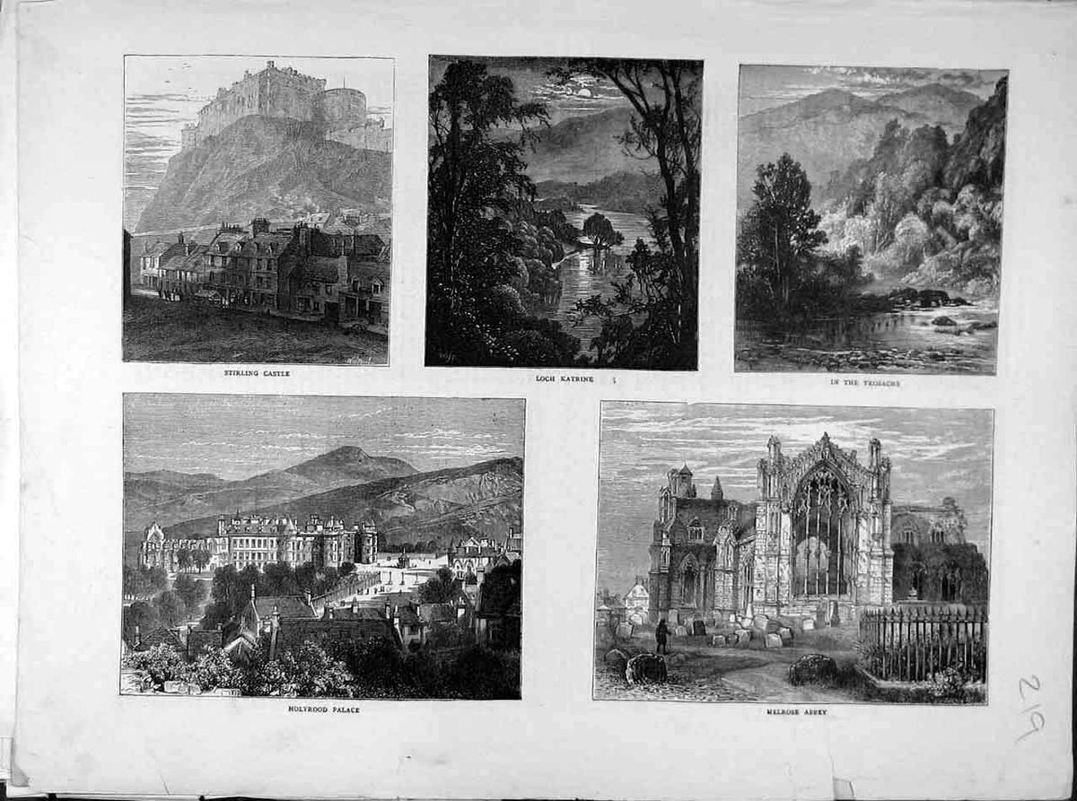 Original Old Antique Print 1871 Scotland Stirling Castle Melrose Abbey Trosachs