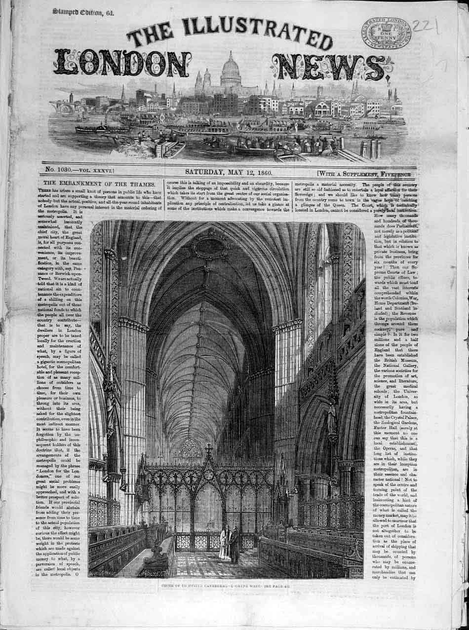 Original Old Antique Print 1860 Choir Lichfield Cathedral Building Architecture