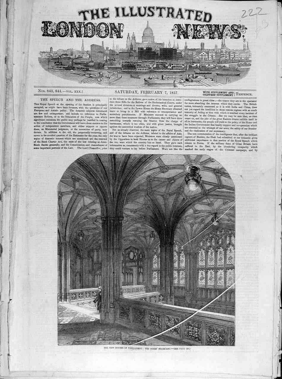 Original Old Antique Print 1857 Houses Parliament Peers Staircase 19th