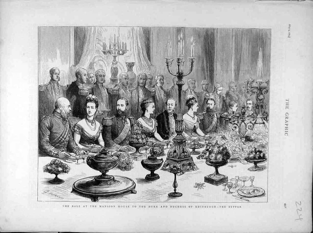 Original Old Antique Print 1874 Duke Duchess Edinburgh Supper Mansion House Ball