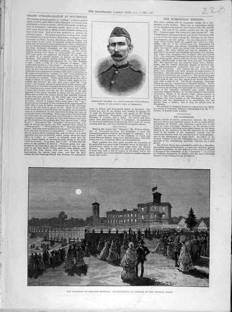 Old Antique Print 1885 Bulmer Wimbledon Princess Beatrice Osborne Wedding 19th