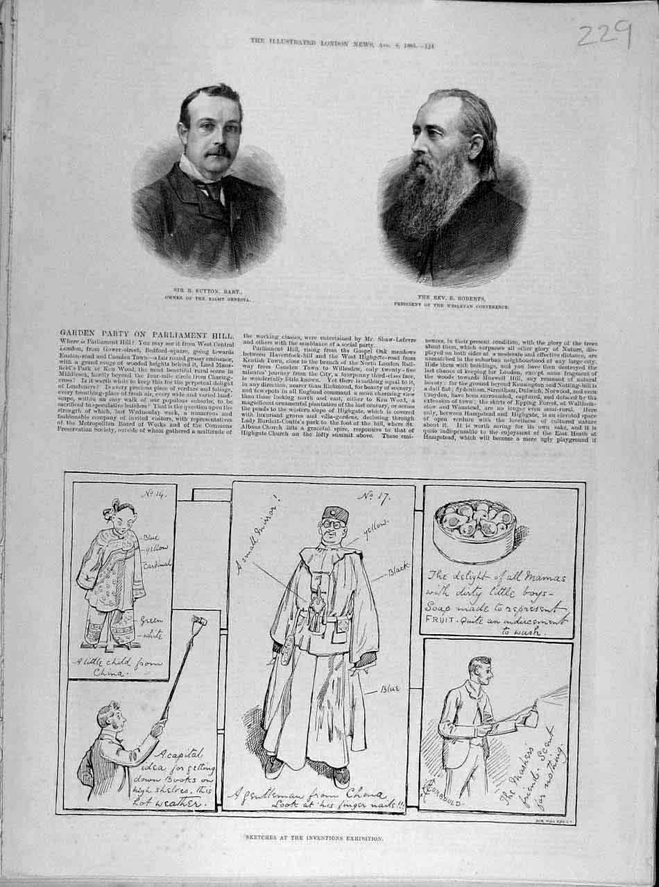 Original Old Antique Print 1885 Sutton Roberts Inventions Exhibition Sketches