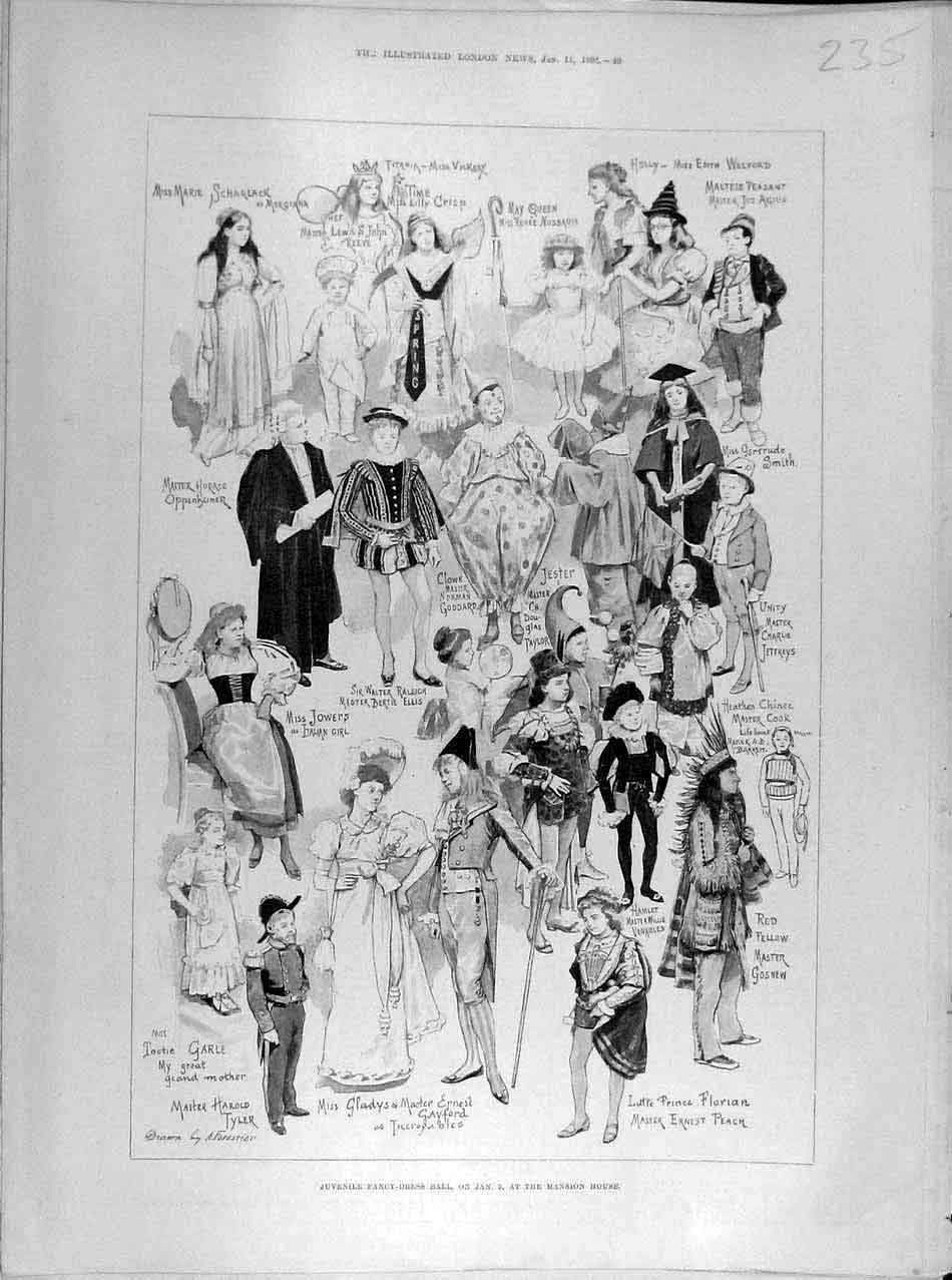 Old Antique Print 1894 Sketch Children Juvenile Fancy-Dress Ball Mansion 19th