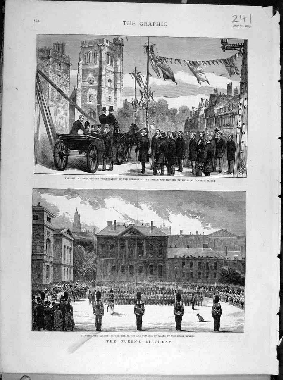 Old Antique Print 1879 Queen Birthday Lambeth Bridge Trooping Horse Guard 19th