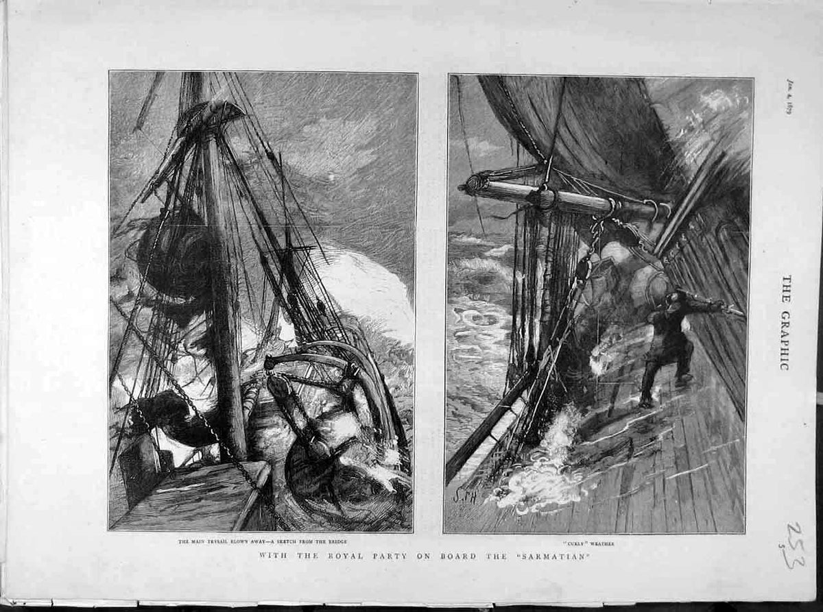 Original Old Antique Print 1879 Sarmatian Sketches Trysail Curly Weather Storm
