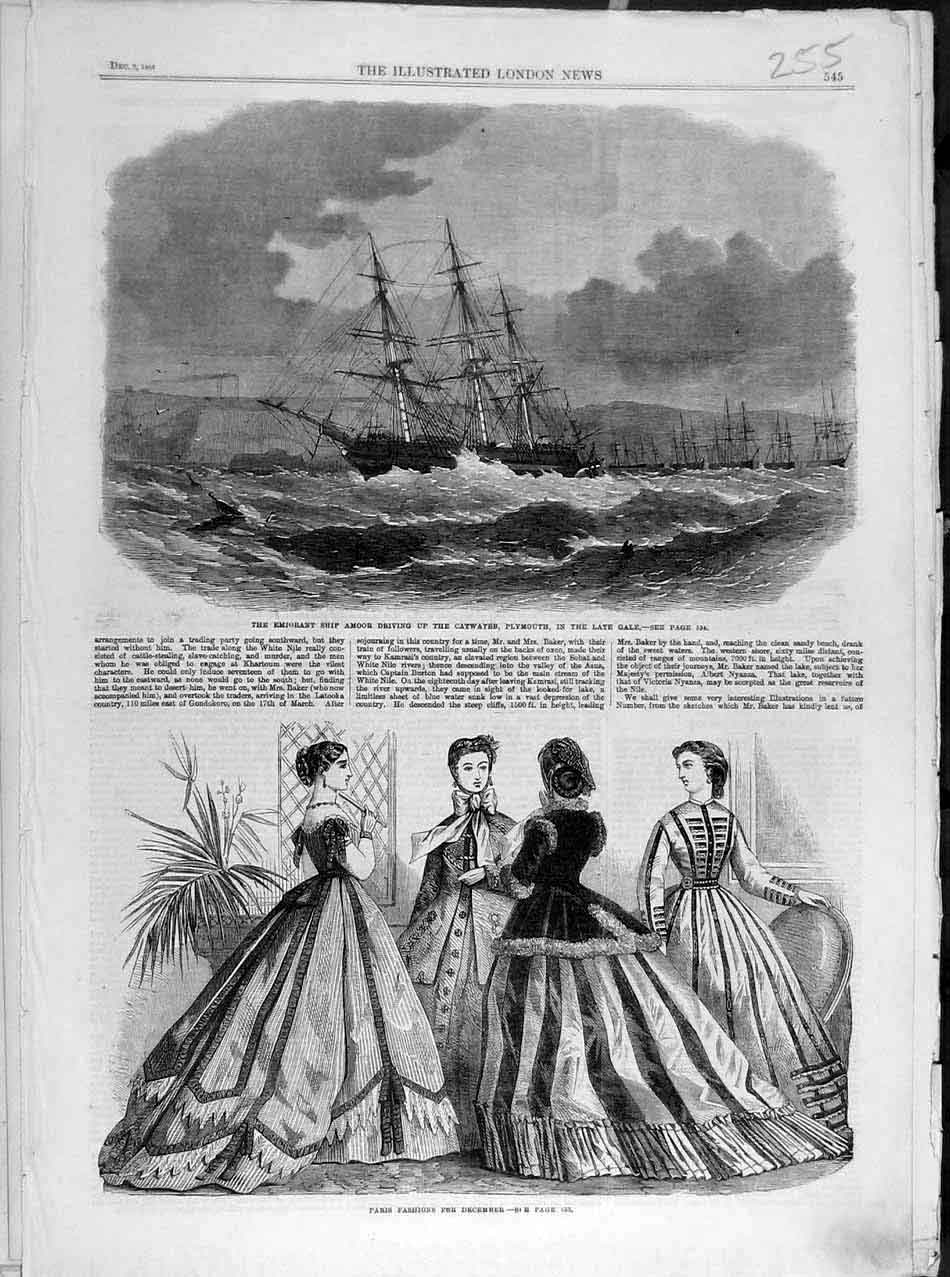 Old Antique Print 1865 Emigrant Ship Amoor Plymouth Paris Fashions Ladies 19th