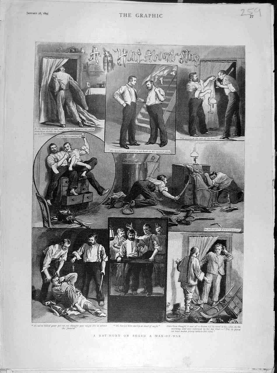 Original Old Antique Print 1893 Rat-Hunt Man-Of-War Ship Navy Officers Sketches