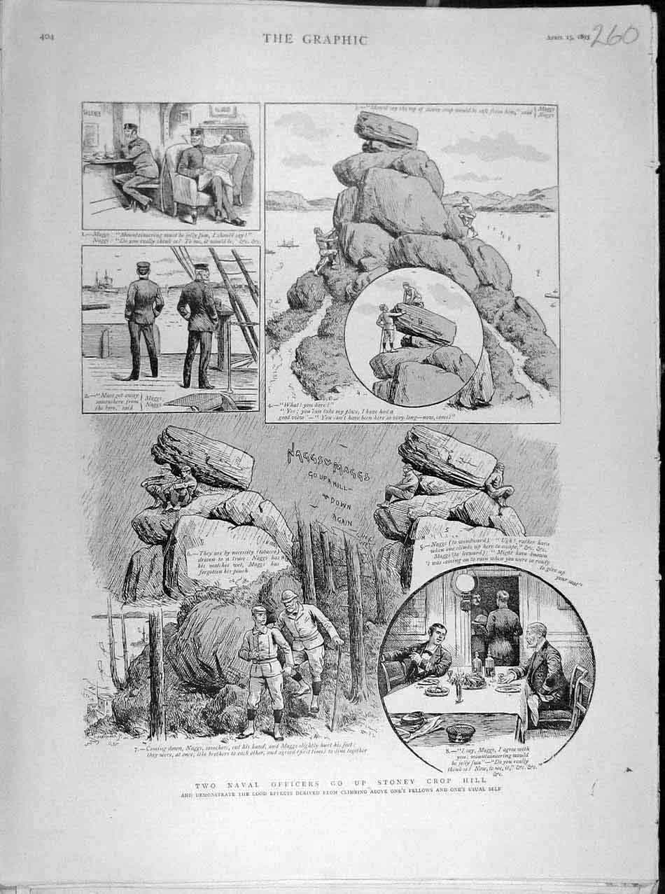 Original Old Antique Print 1893 Naval Officers Stoney-Crop Hill Sketches Humour