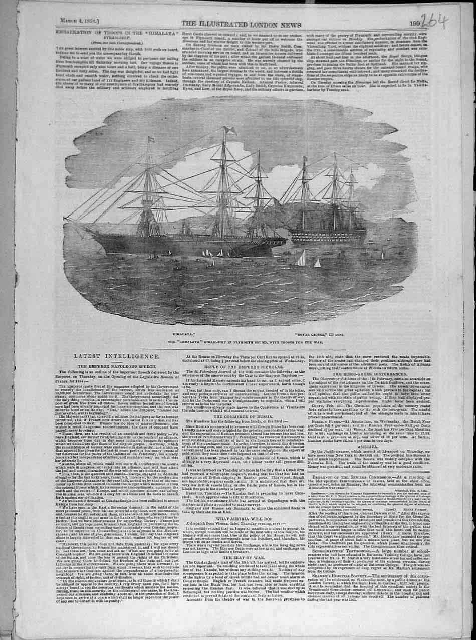 Original Old Antique Print 1854 Himalaya Steam-Ship Plymouth Royal-George Troops