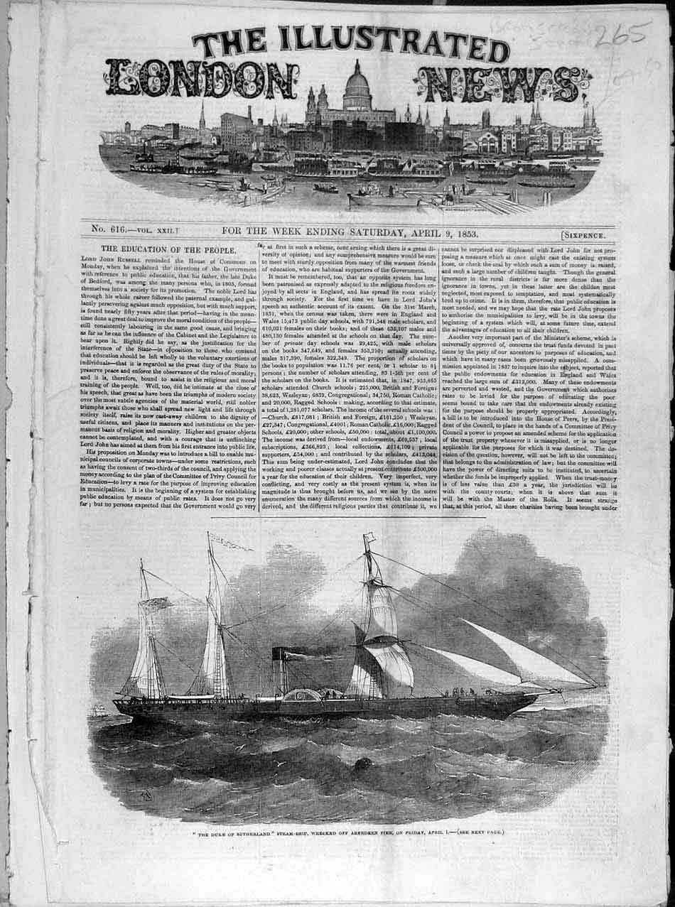 Original Old Antique Print 1853 Duke-Sutherland Steam-Ship Aberdeen Pier Wreck