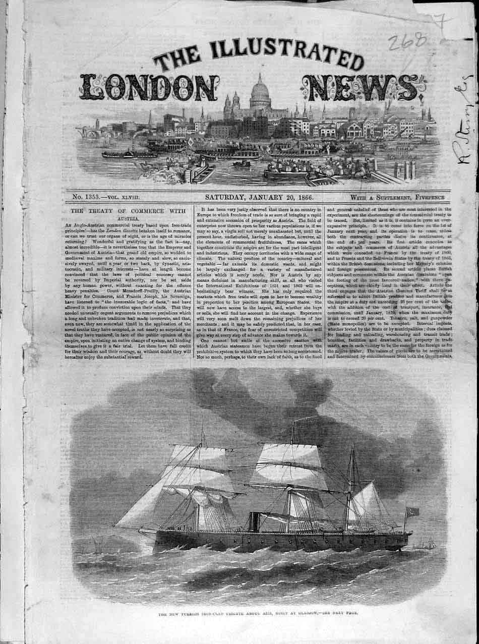 Original Old Antique Print 1866 Turksih Ironclad Ship Abdul-Aziz Frigate Sketch