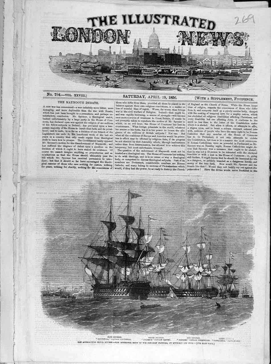 Original Old Antique Print 1856 Naval Review Gun-Boat Flotilla Ryde Ships Navy
