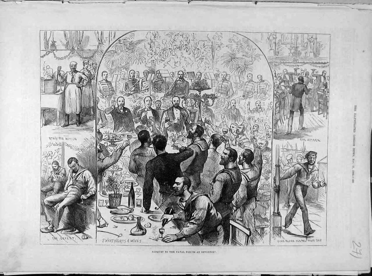 Original Old Antique Print 1882 Banquet Naval Forces Devonport Troops Victorian
