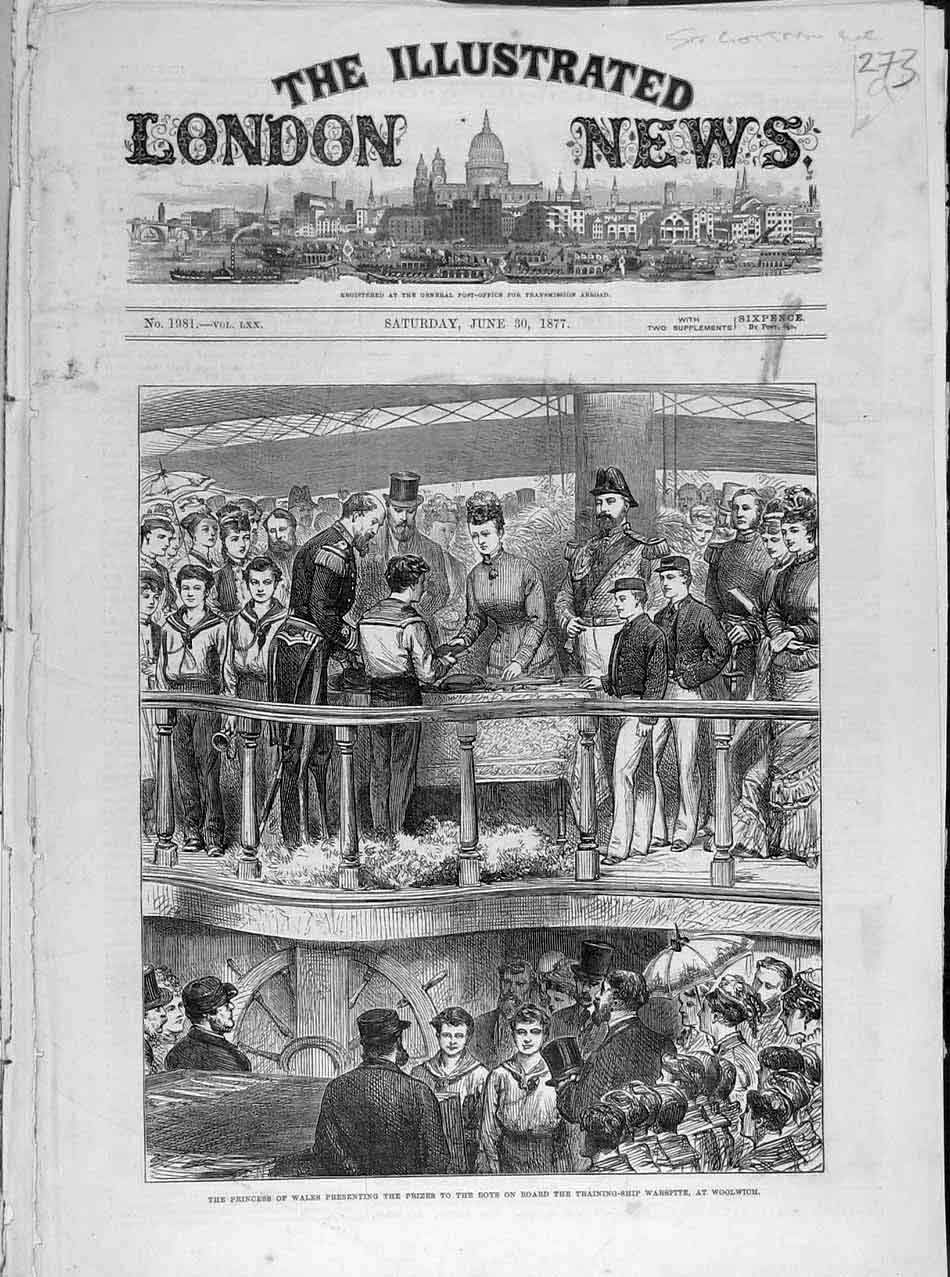 Original Old Antique Print 1877 Training-Ship Warspite Woolwich Princess Wales