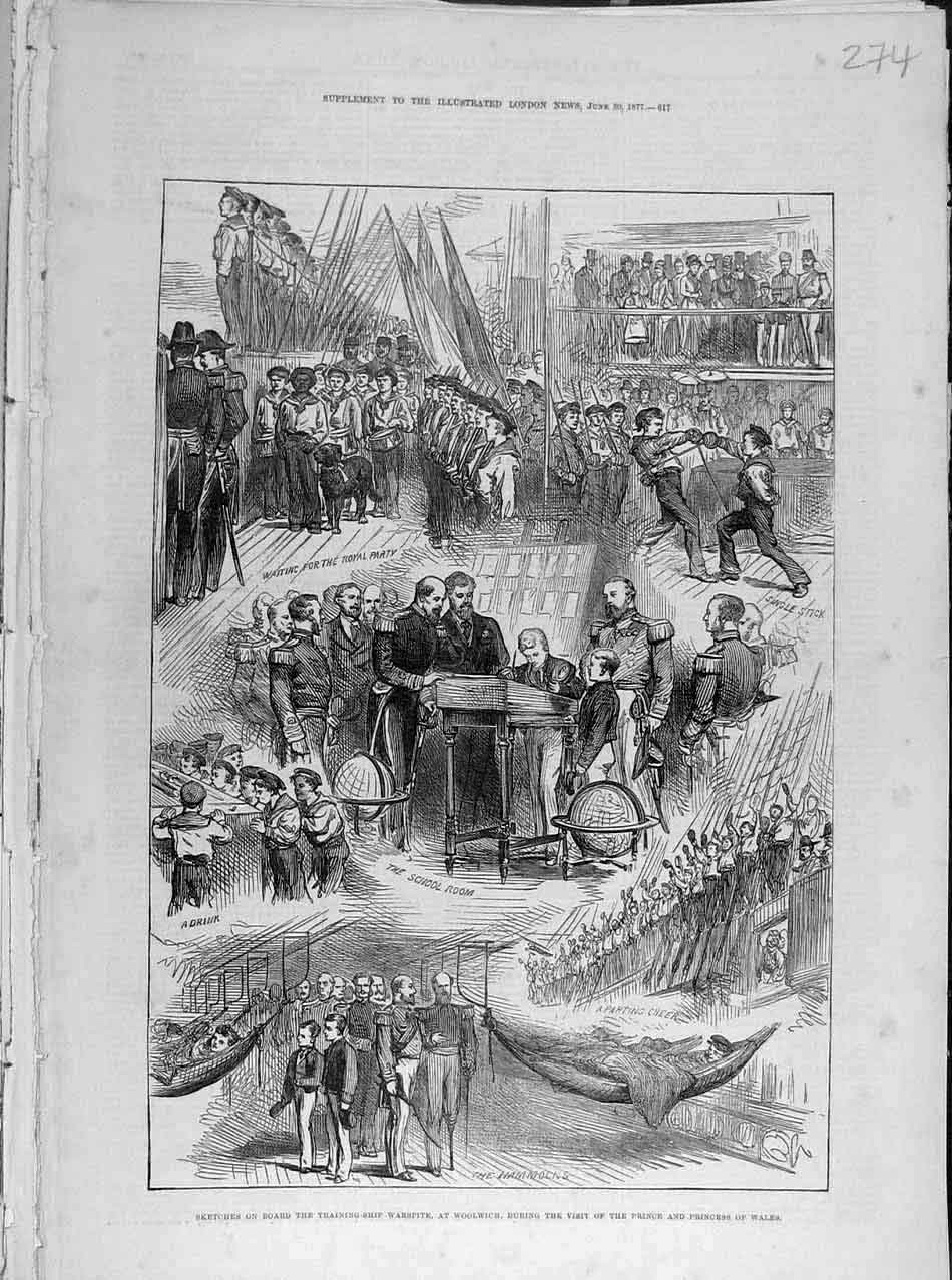 Original Old Antique Print 1877 Sketches Training-Ship Warspite Woolwich 19th