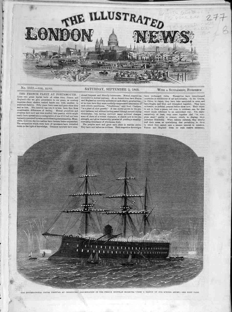 Original Old Antique Print 1865 Naval Festival Cherbourg French Ironclad Magenta