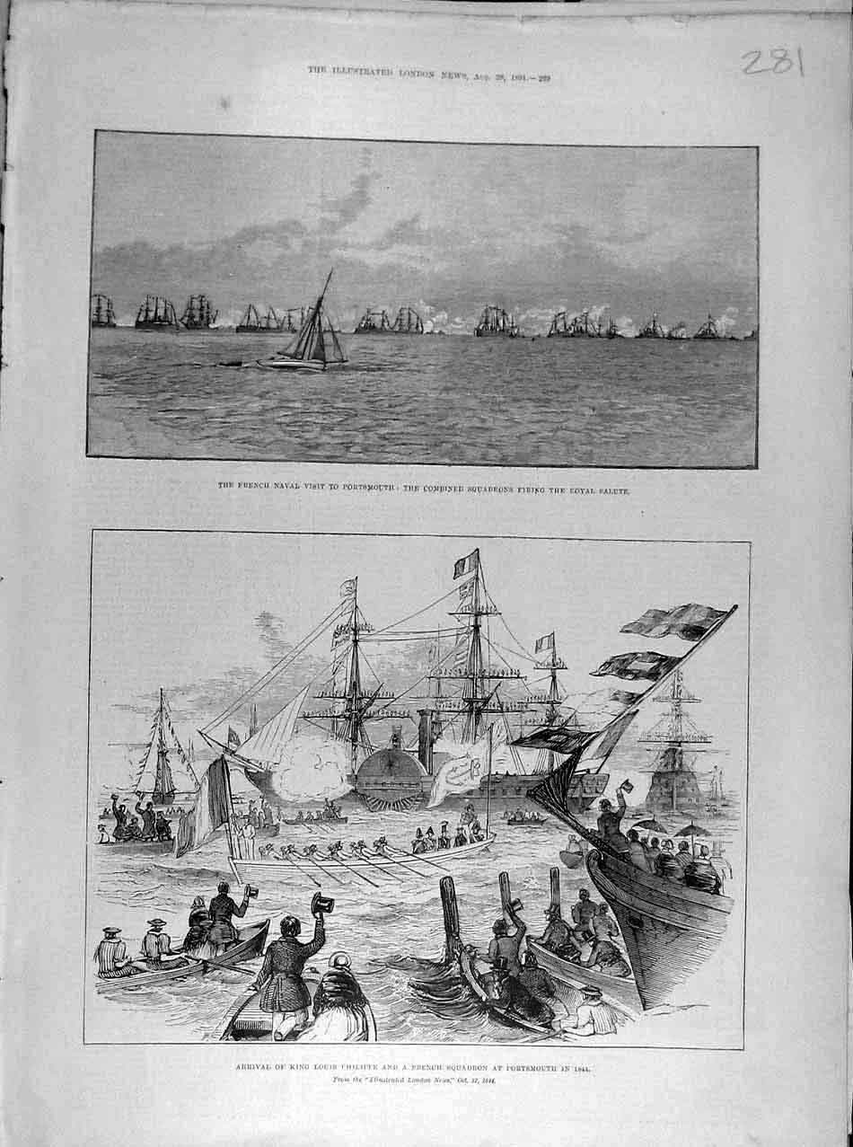 Original Old Antique Print 1891 French Naval Portsmouth Philippe King Squadron