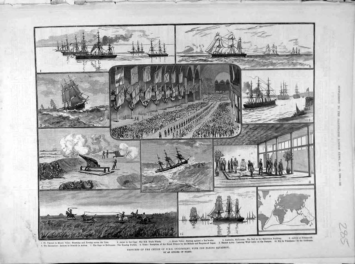 Original Old Antique Print 1882 Sketches Cruise Hms Inconstant Flying Squadron
